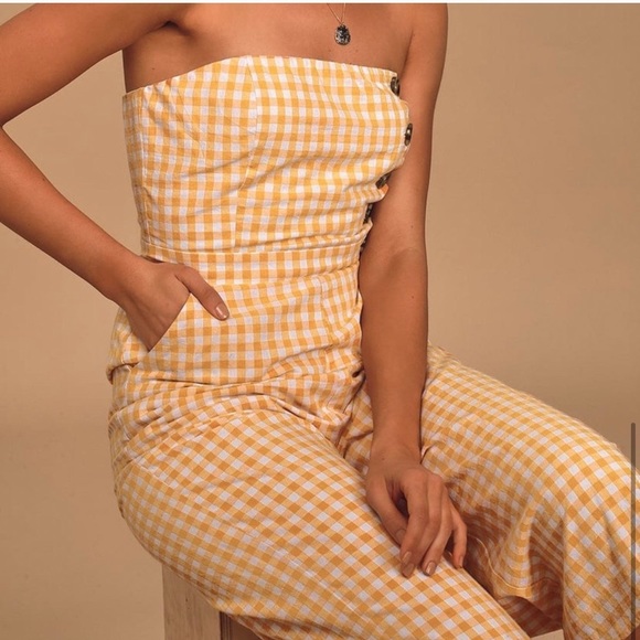 Lulus Skyline Mustard Yellow Gingham Strapless Culotte Jumpsuit - Picture 5 of 10